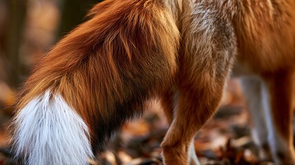 Fototapeta premium Close up of a red fox with a fluffy white tipped tail in autumn forest.