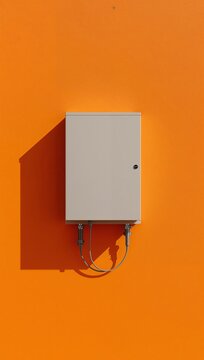 Electrical junction box mounted on a vibrant orange wall, featuring two cables connected to the bottom, casting a distinct shadow on the surface