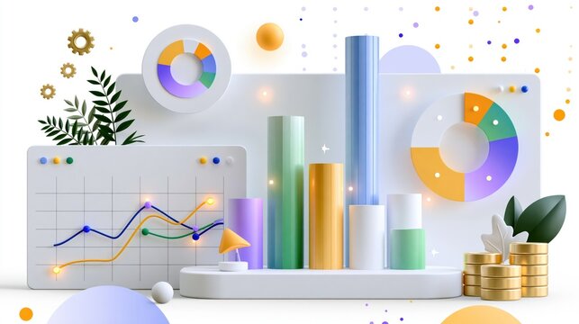 Colorful graphs and charts show data analysis with coins and plants in a modern design space