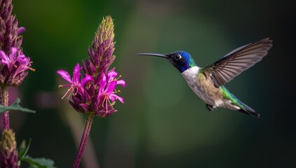 Obraz premium Colorful Hummingbird Hovering Near Pink Flowers in a Lush Garden
