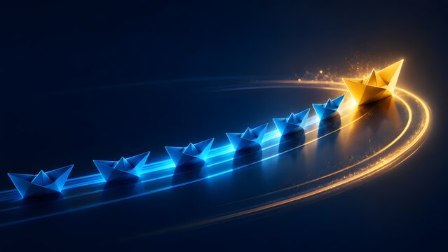 Corporate business leadership concept with glowing golden paper boat leading blue fleet representing strategic innovation and market success