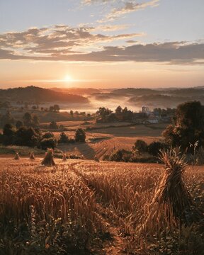an oil painting of a farm in Howick, early morning, Vertical Stoke Sentinel cool mist morning, raised horizon ,Soft mist lifting above the fields.