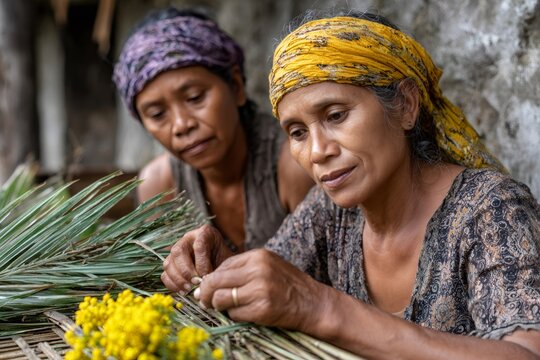 Women weaving traditional craft with natural materials