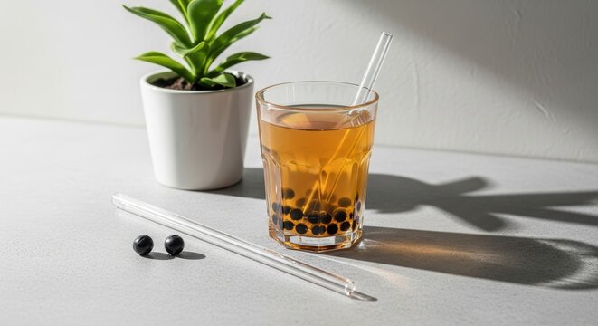 A tall glass containing sweet tea mixed with dark chewy tapioca pearls rests beside a small green succulent plant on a table surface while a glass drinking straw lies flat near the tasty