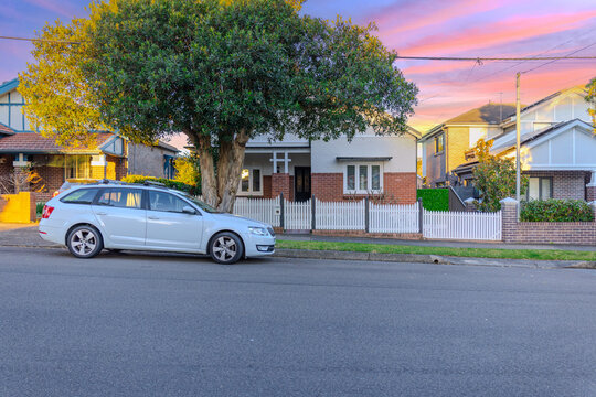 Suburban residential Brick house Terracotta Roof at Sunset in Sydney NSW Australia