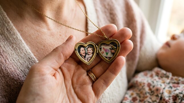 Close up of a hand holding an open heart locket with family photos