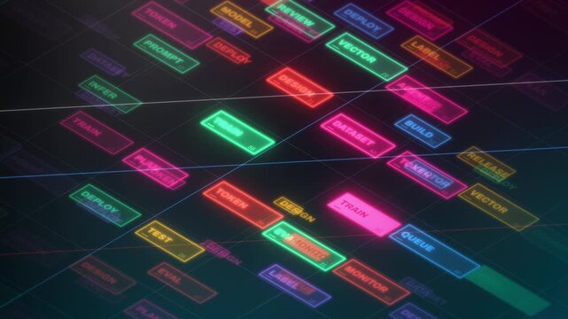 Glowing AI development labels flow through a dark data network in a seamless cinematic loop, designed for innovation campaigns, software marketing and corporate tech videos.