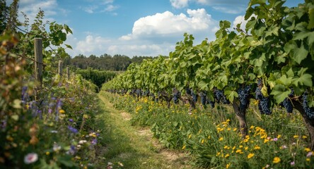 Obraz premium Vineyard Pathway with Grapevines and Wildflowers under a Sunny Sky