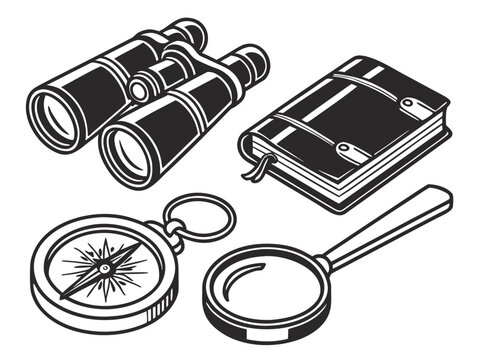 Four exploration objects binoculars, field notebook, compass, and magnifying glass. Solid black vector artwork on a pure white background, neatly arranged with equal spacing, consistent proportions, c