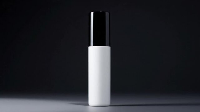 Minimalist beauty product, white bottle with black cap on dark background, product photography