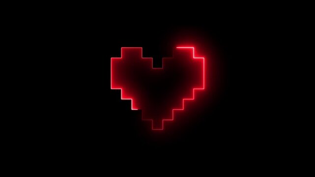 Glowing red pixel heart animation, retro 8-bit gaming style love symbol on black background, neon