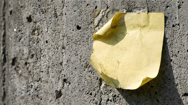 Yellow paper note peeling off a rough grey concrete wall texture