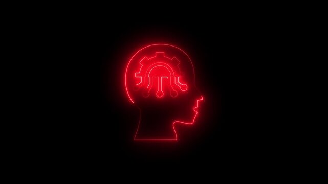Neon artificial intelligence head with circuit gear animation for tech concepts machine learning neural network