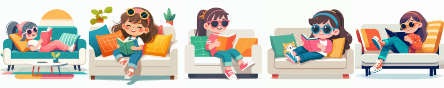 Flat vector illustration of a little girl relaxing on a sofa and reading a book, with a summer vibe