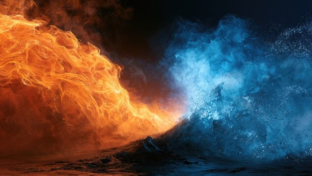 Fiery orange flames clash dramatically with icy blue water splashes