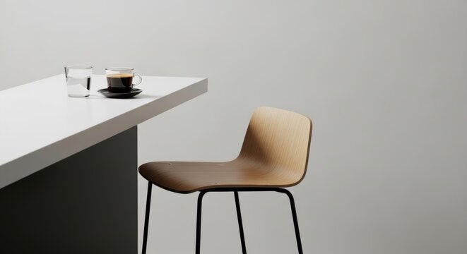 A wooden bar stool sits near a kitchen counter while a hot cup of fresh coffee and a clear glass of refreshing water rest upon the durable surface in this quiet morning room scene arrangement