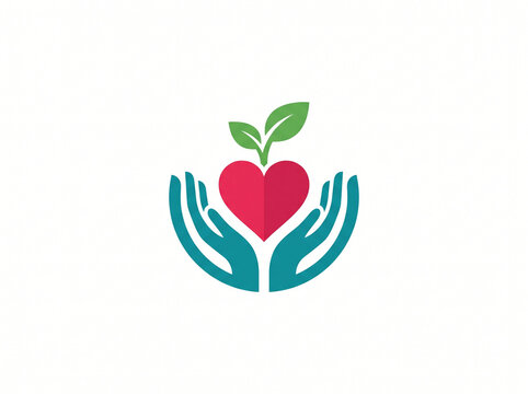 reative care and ecology logo vector concept featuring a red heart with green leaf sprout supported by two caring hands, isolated on a white background