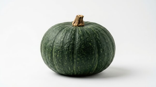 Single green kabocha squash on white background. Fresh organic pumpkin for healthy cooking.