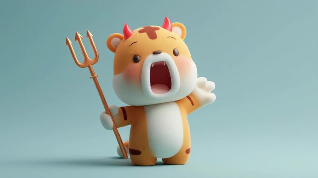 Cute Tiger Devil Horn Trident Halloween Cartoon Toy Character Blue Background