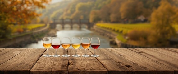 Obraz premium Glasses of Wine Arranged on a Wooden Table with Autumn Landscape Background