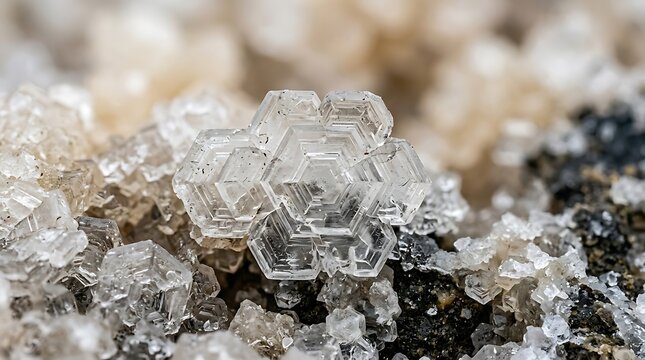 Macro photography of clear hexagonal mineral crystal structures
