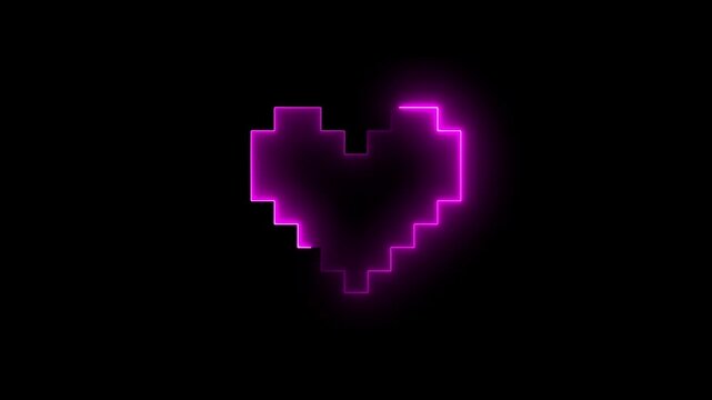 Neon pixel heart animation glowing purple symbol on black background, retro