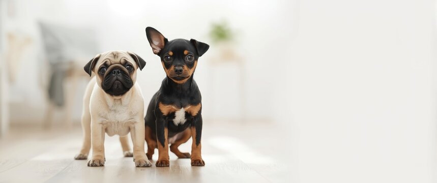 Pug and Miniature Pinscher Dogs Standing Together in Bright Living Room