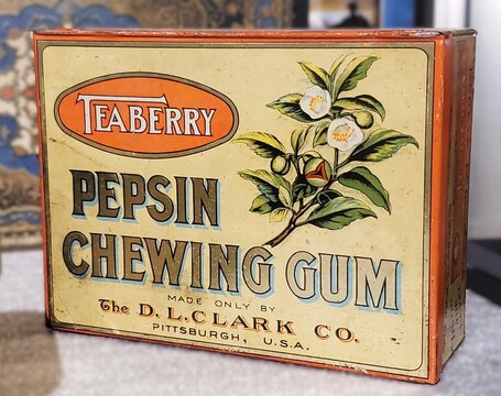 Pittsburgh, Pennsylvania, U.S.A - Jul 18, 2026 - A vintage Teaberry Pepsin Chewing Gum box with floral illustration and branding from D.L. Clark Company of Pittsburgh.