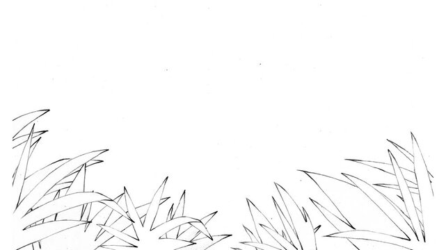 Looping animation of bamboo grass blowing in the wind, traditional oriental sumi-e ink painting style background.