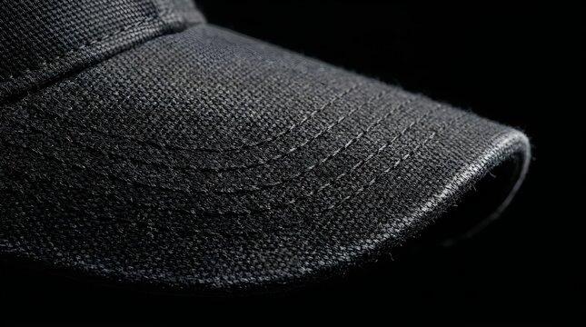 Close up of a black baseball cap fabric texture isolated on black background