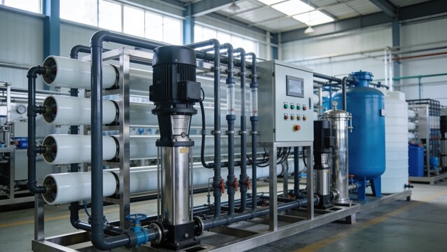 Industrial reverse osmosis plant producing purified water using advanced membrane filtration and automated processing technology.