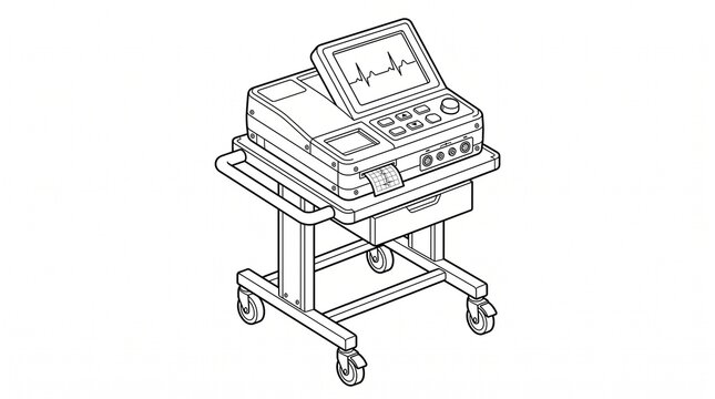 Electrocardiograph machine on a medical cart. Portable ECG device for heart monitoring.