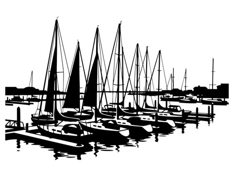 Sailboats docked at a marina silhouette black and white vector illustration