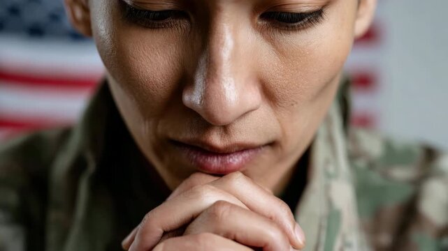 Slow motion close up static shot of woman soldier praying with folded hands in front of american flag backdrop indoors