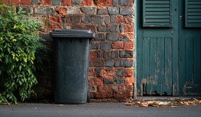 Obraz premium Dark bin by weathered brick wall, green door, and foliage