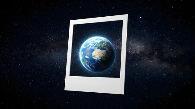 Earth planet displayed in a polaroid photo frame floating in space