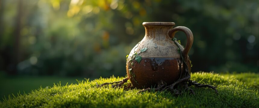 Antique Clay Pot with Vines on Green Grass in Soft Natural Light
