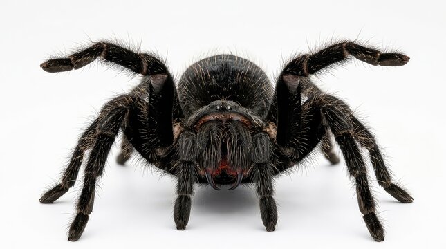 Black tarantula spider on white background. Close up of a hairy arachnid for Halloween.