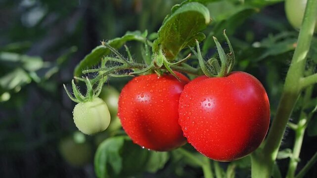 Branch of red and green tomatoes sways in wind and sprayed with water during irrigation in greenhouse. Concept of organic vegetable growing, eco-friendly farming, garden plot with tomatoes
