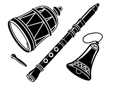 Four traditional musical instruments hand drum, flute, tambourine, and small bell. Solid black vector silhouettes on pure white, arranged as a clean four-item collection, balanced proportions, smooth 