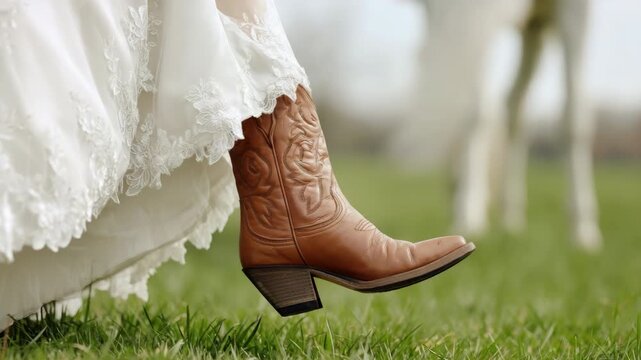 Slow motion tracking dolly shot of bride cowboy boot stepping through grass in outdoor field with lace dress hem