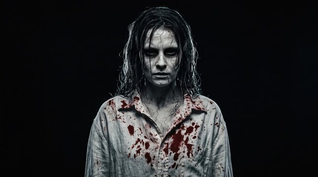 Scary woman with blood on shirt. Portrait of a creepy zombie girl for Halloween horror.