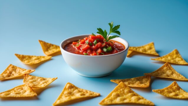 Bowl of Fresh Salsa Surrounded by Tortilla Chips on Blue Background