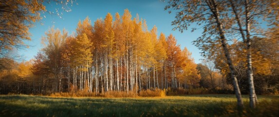 Obraz premium Autumn Forest Landscape with Vibrant Orange Leaves and Clear Blue Sky