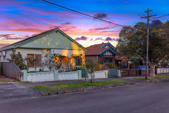 Suburban residential Brick house Terracotta Roof at Sunset in Sydney NSW Australia