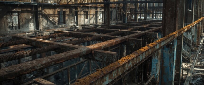 Abandoned Industrial Interior with Rusty Framework and Dim Lighting