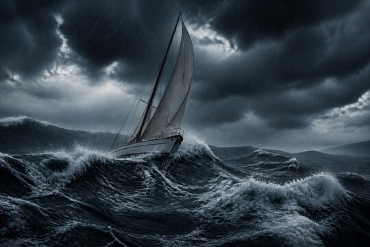 Sailboat battling towering waves amid violent ocean storm