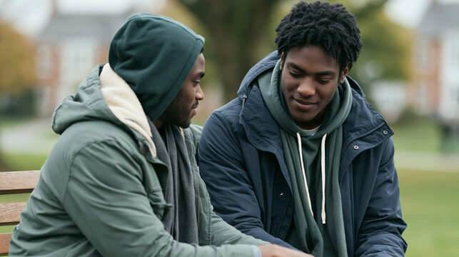 Male friends support. Two young men wearing hooded jackets sit on a park bench engaged in conversation, with trees and residential buildings visible in the background