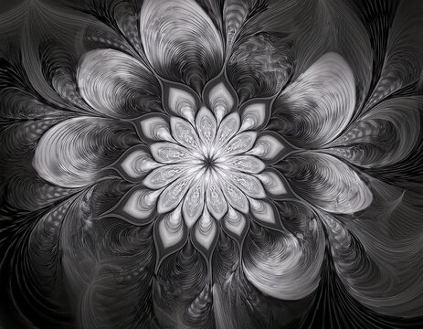 abstract mysterious fractal flower pattern monochrome shades of grey black and white background texture