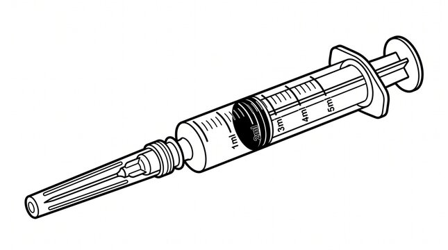 Medical syringe illustration. Black and white line drawing of a hypodermic needle.
